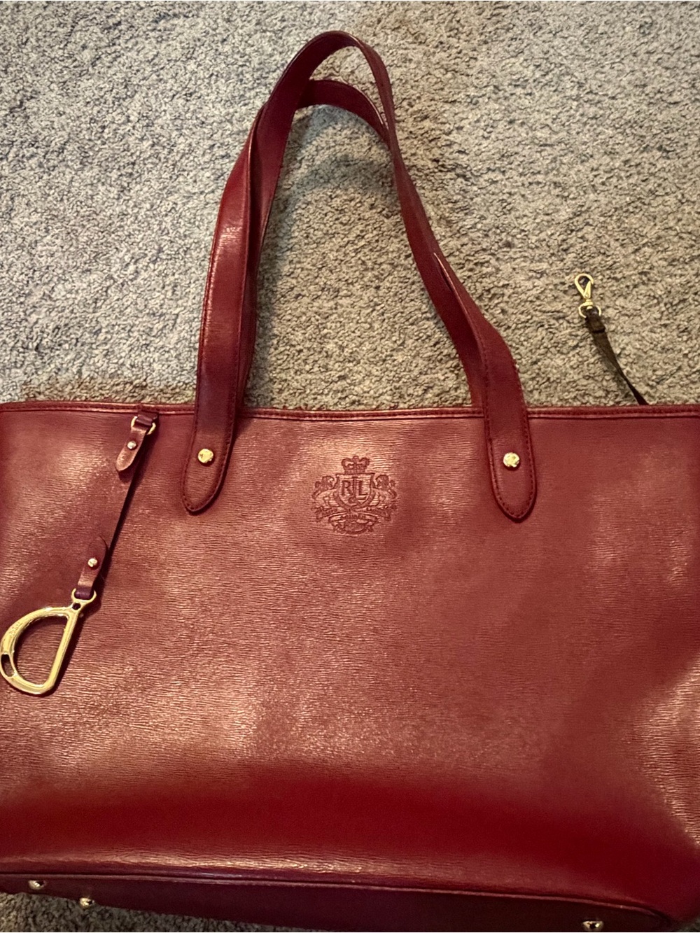 Lauren Ralph Lauren Burgundy Leather Tote with Embossed Crest